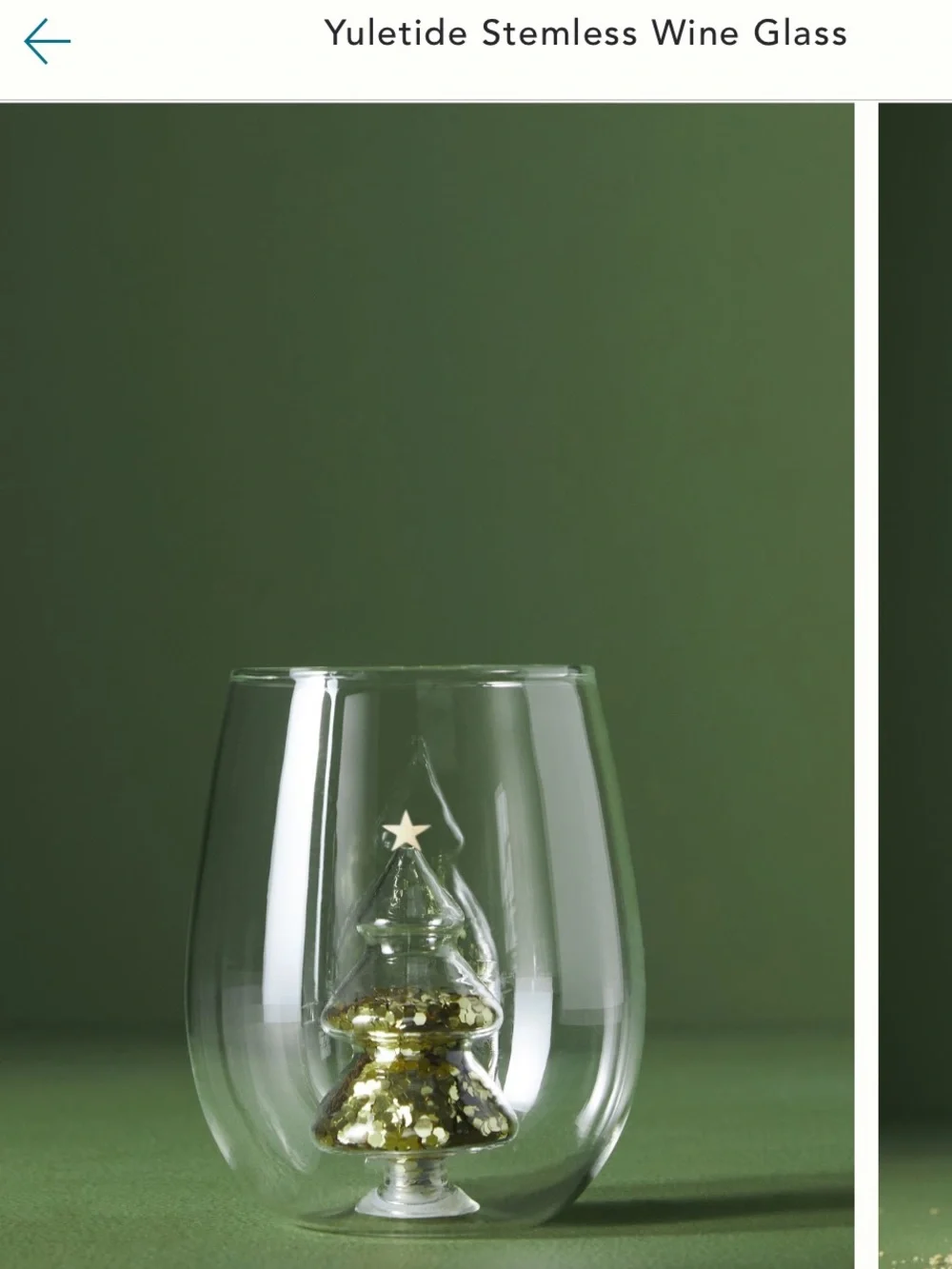 Anthropologie Yuletide stemless wine Glass with Gold Glitter Tree Accent